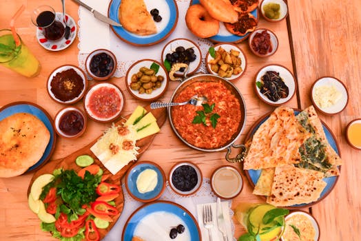 colorful breakfast spread with fruits and grains